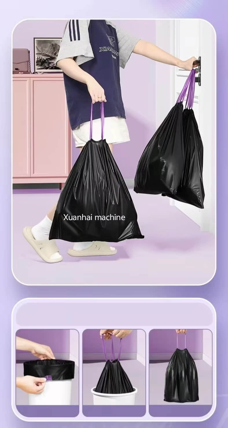 Máquina automática para fabricar bolsas de basura de polietileno enrollables.