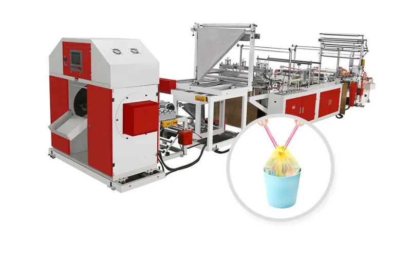 Máquina automática para fabricar bolsas de basura de polietileno enrollables.
