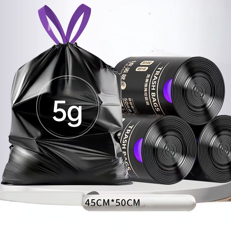 Máquina automática para fabricar bolsas de basura de polietileno enrollables.